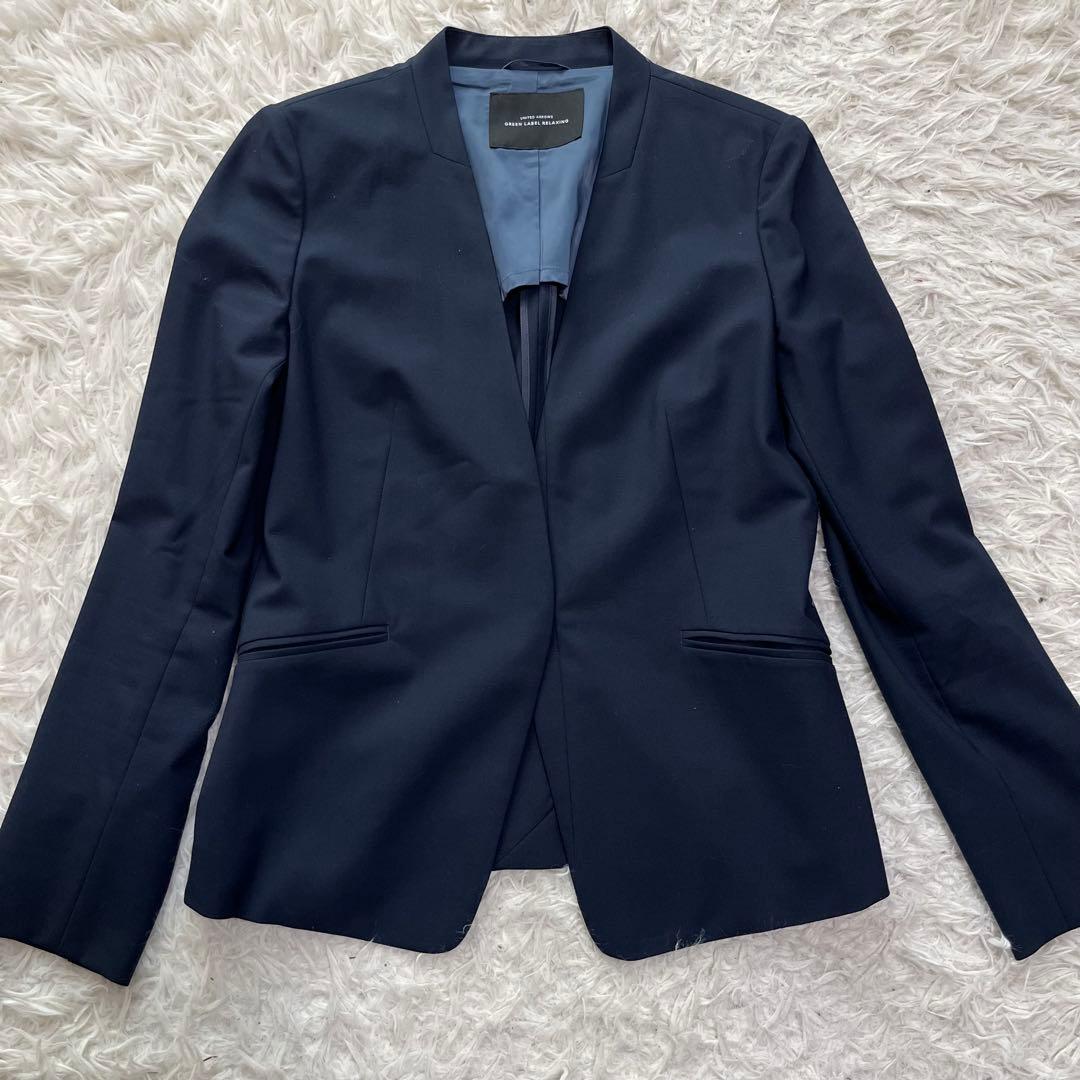 現行極美品　グリーンレーベルリラクシング　パンツスーツ　ノーカラー　ネイビー