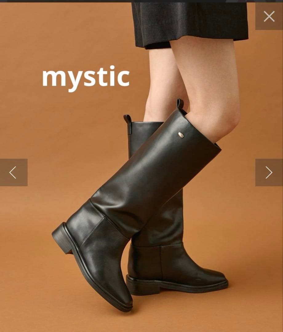 mystic ブラック スクエアトゥロングブーツ