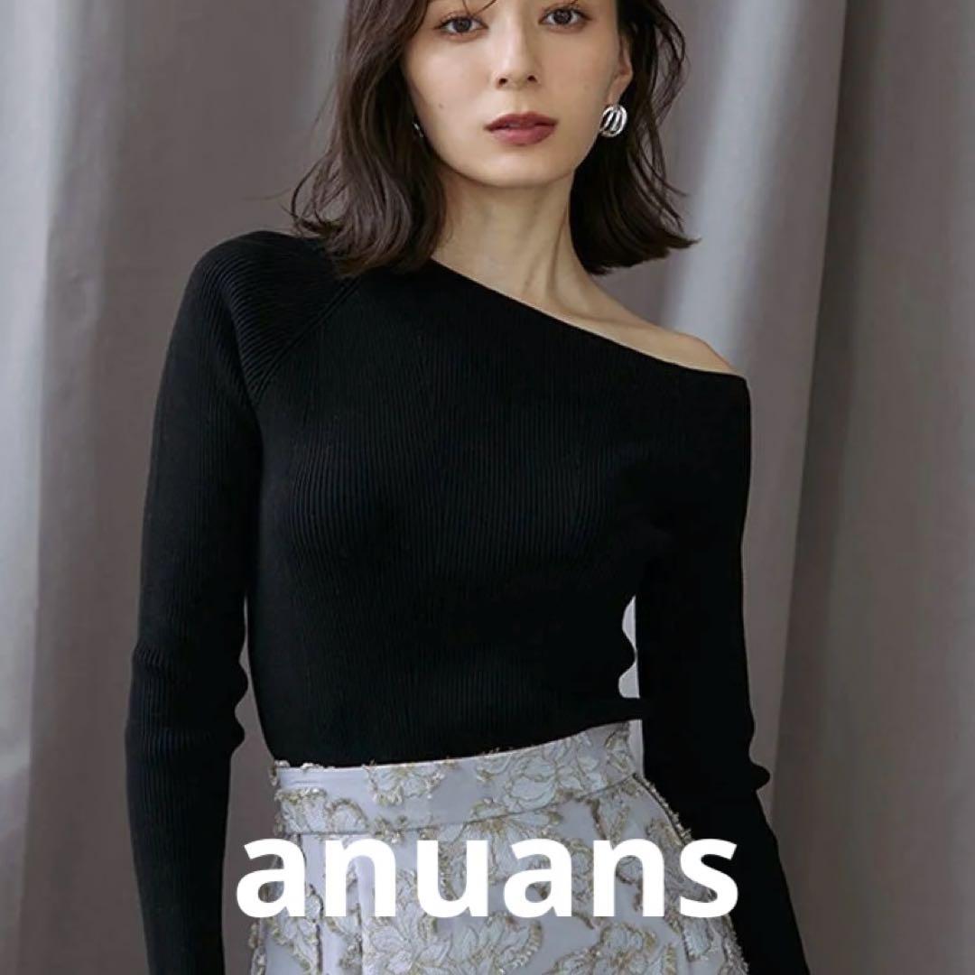 美品★anuans アシメネックリブニットプルオーバー ブラック アニュアンス