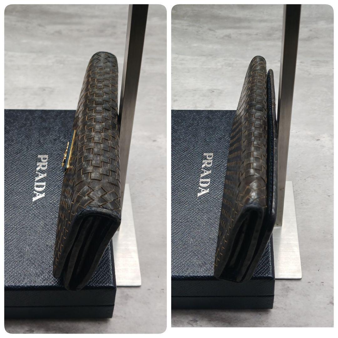 ✨美品✨ プラダ マドラス 編み込み 三角ロゴ レザー Wホック フラップ長財布