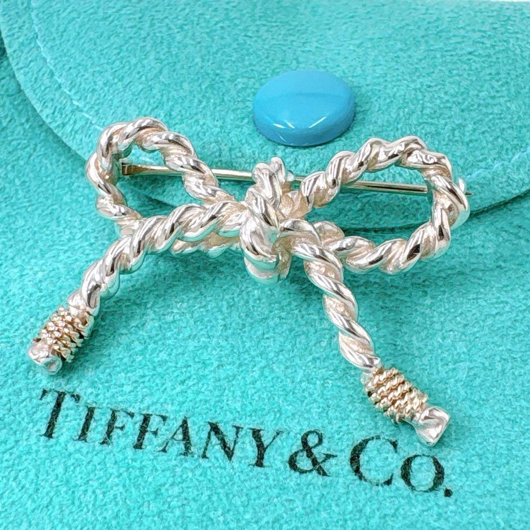 極美品 オールドティファニー ツイストリボン コンビ ブローチ シルバー k14