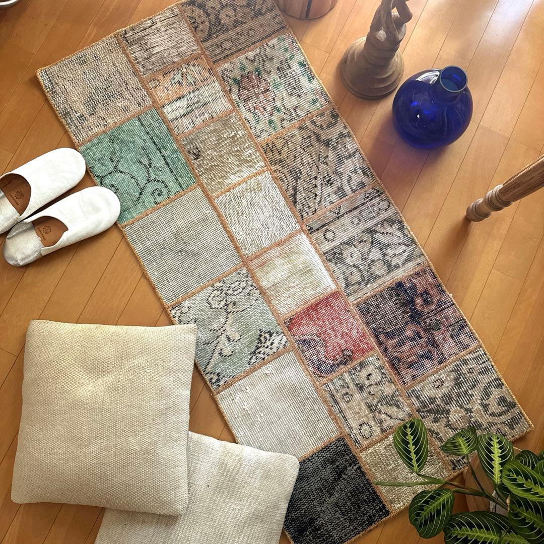 56×122 ブラウンステッチ　パッチワークラグ　トルコヴィンテージラグ