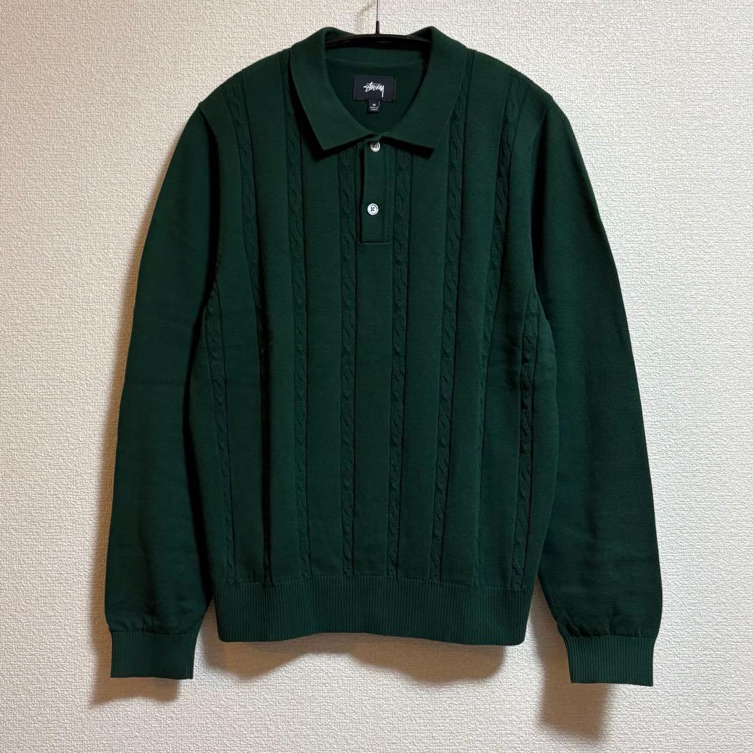 stussy ケーブルニットポロ セーター グリーン