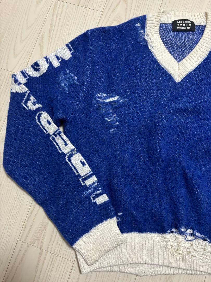 か*ね様 LIBERAL YOUTH MINISTRY ダメージニット青 ブルー