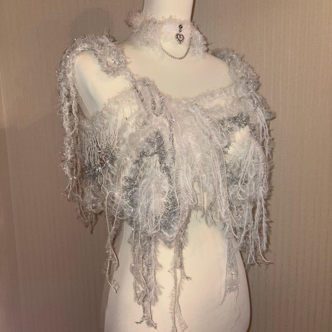 ハンドメイド　ニット　キャミソール( 白×シルバー)✩‧₊