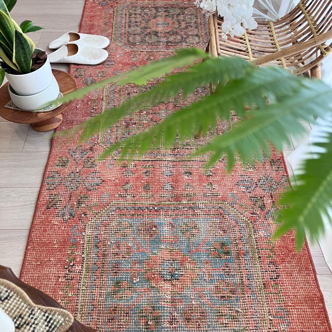 シャビーオレンジ78×190/ 3Box ブルーグリーン　トルコヴィンテージラグ