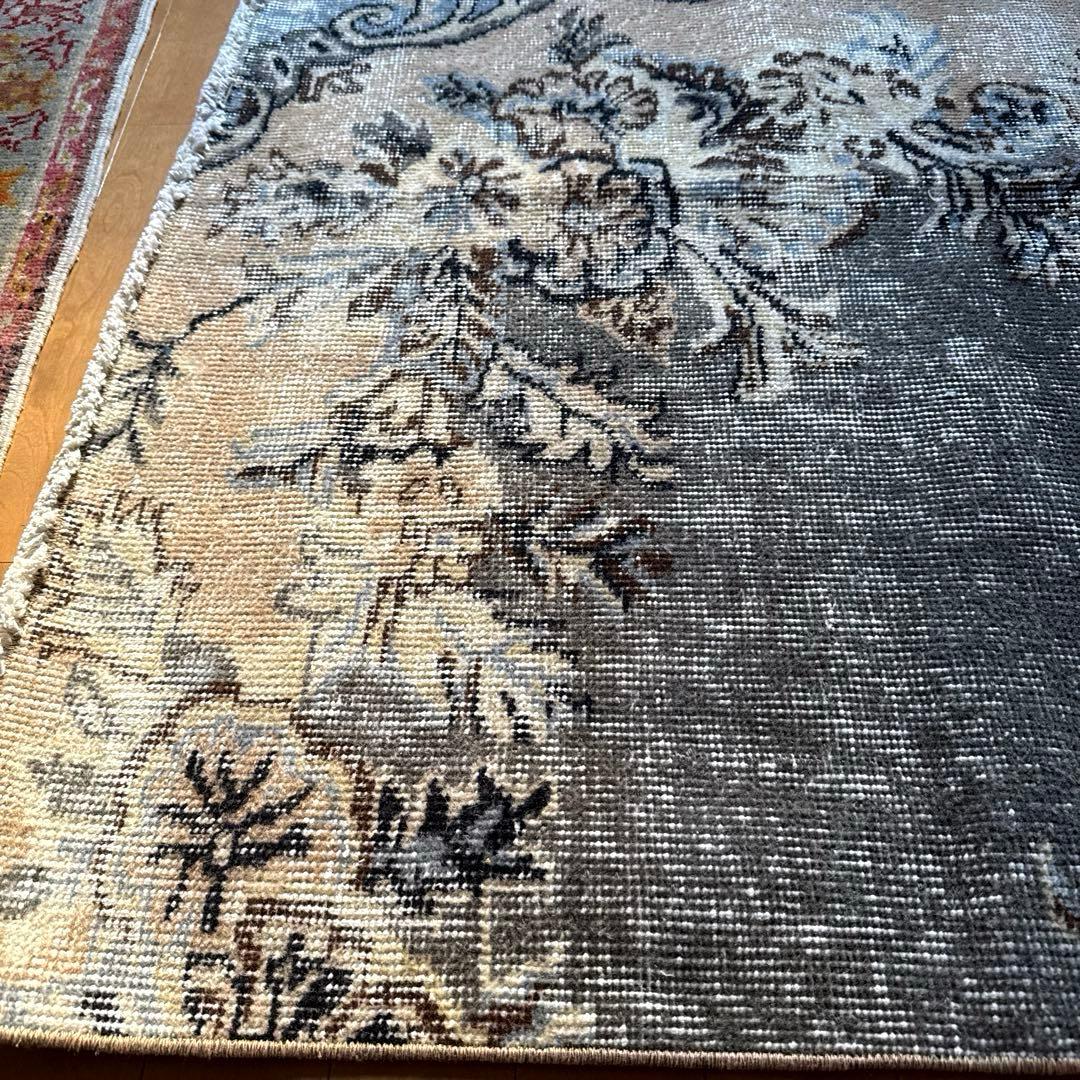 92×180-184グレイカーキ　ボタニカル柄　トルコヴィンテージラグ