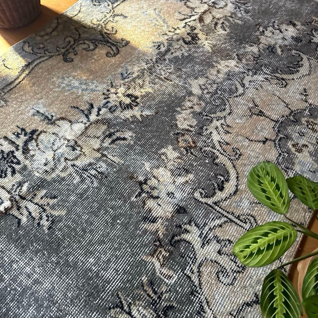 92×180-184グレイカーキ　ボタニカル柄　トルコヴィンテージラグ