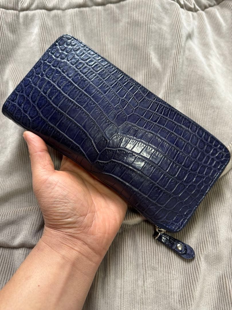 渋い！　ナイルクロコダイル　長財布　クラッチ　ネイビー　センター1枚革