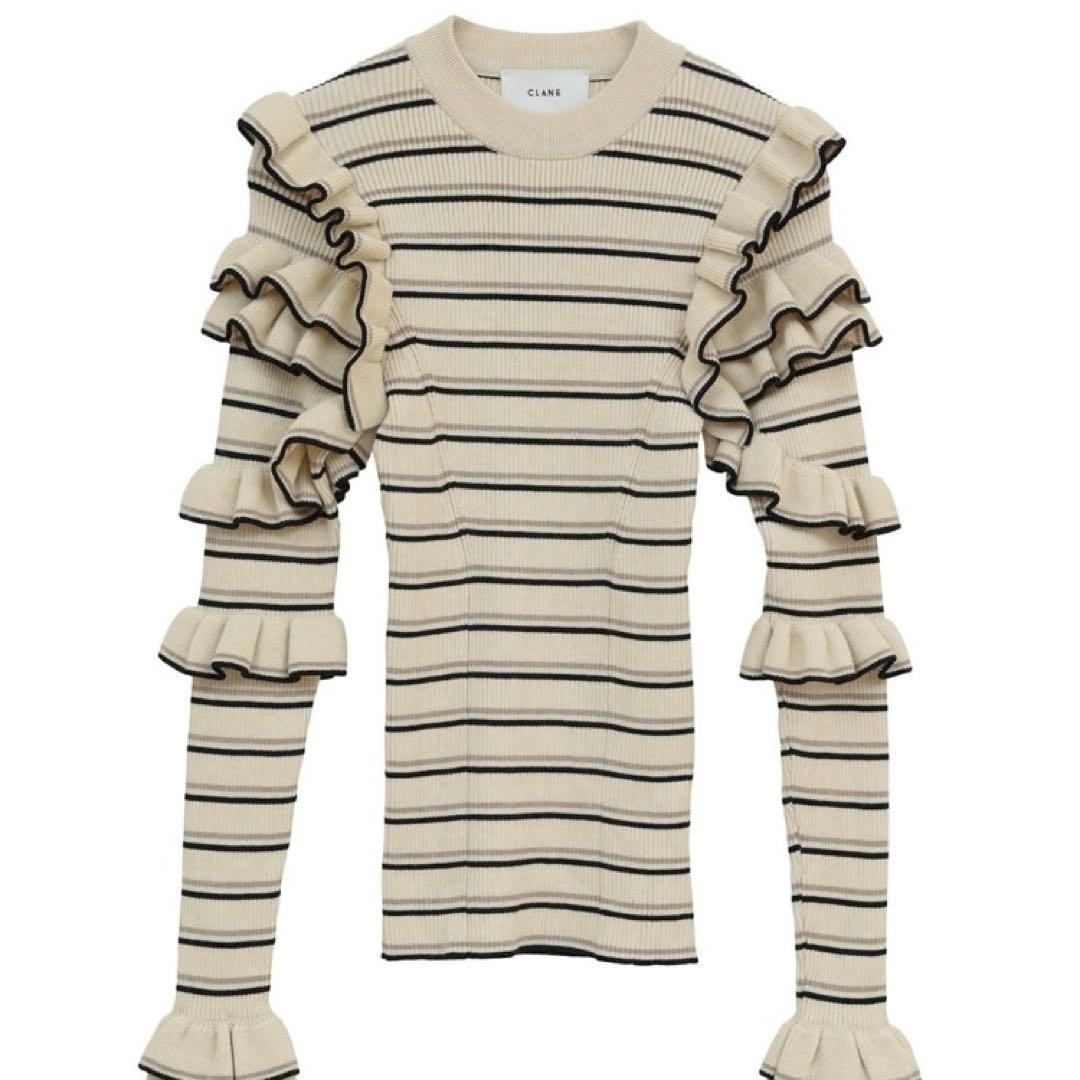 CLANE FRILL SLEEVE KNIT TOPS サイズ1 BORDER