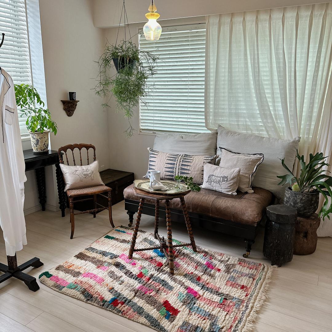 モロッコ製ヴィンテージラグ143 レア マゼンタピンク ミントグリーン ブルー