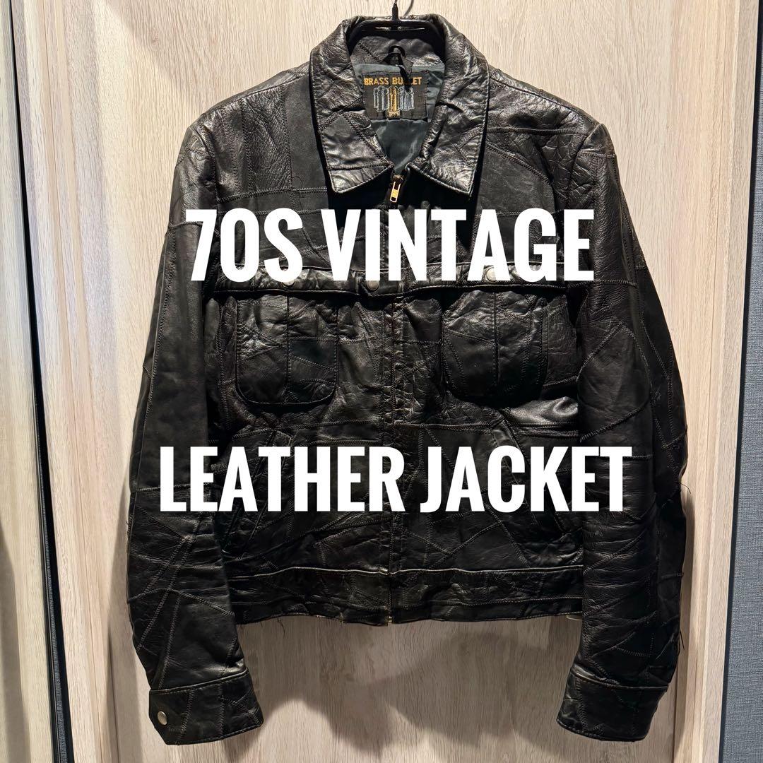 70s ブラックレザーライダースパッチワークシングル