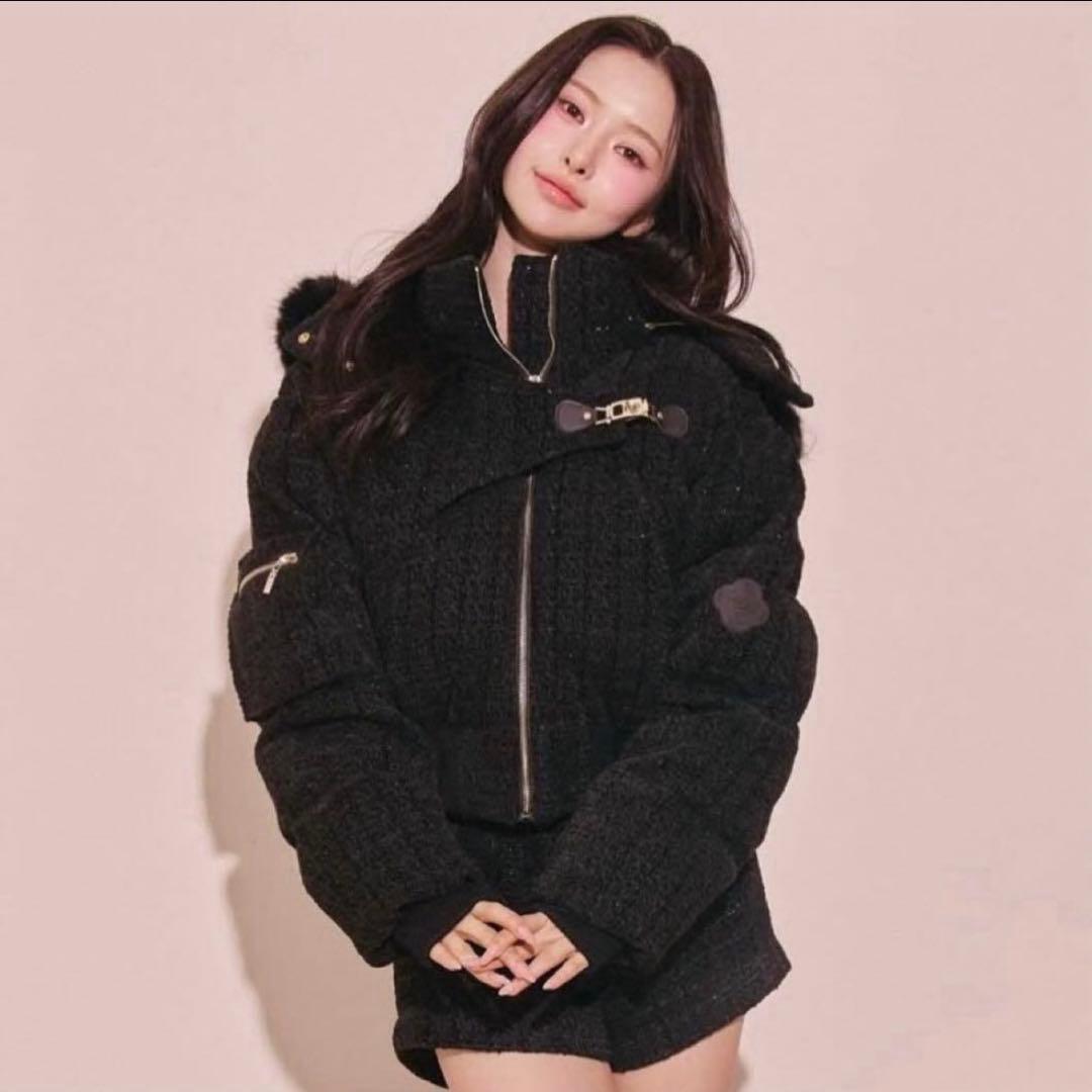 Randy アシンメトリーバックルツイードパデットジャケット　ブラック