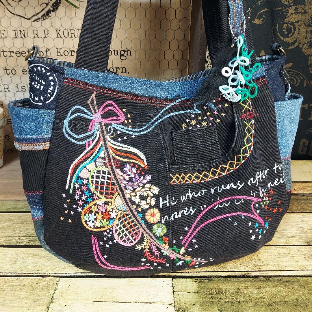 【ふはち】刺繍デニムバック　No.655　ショルダーベルト