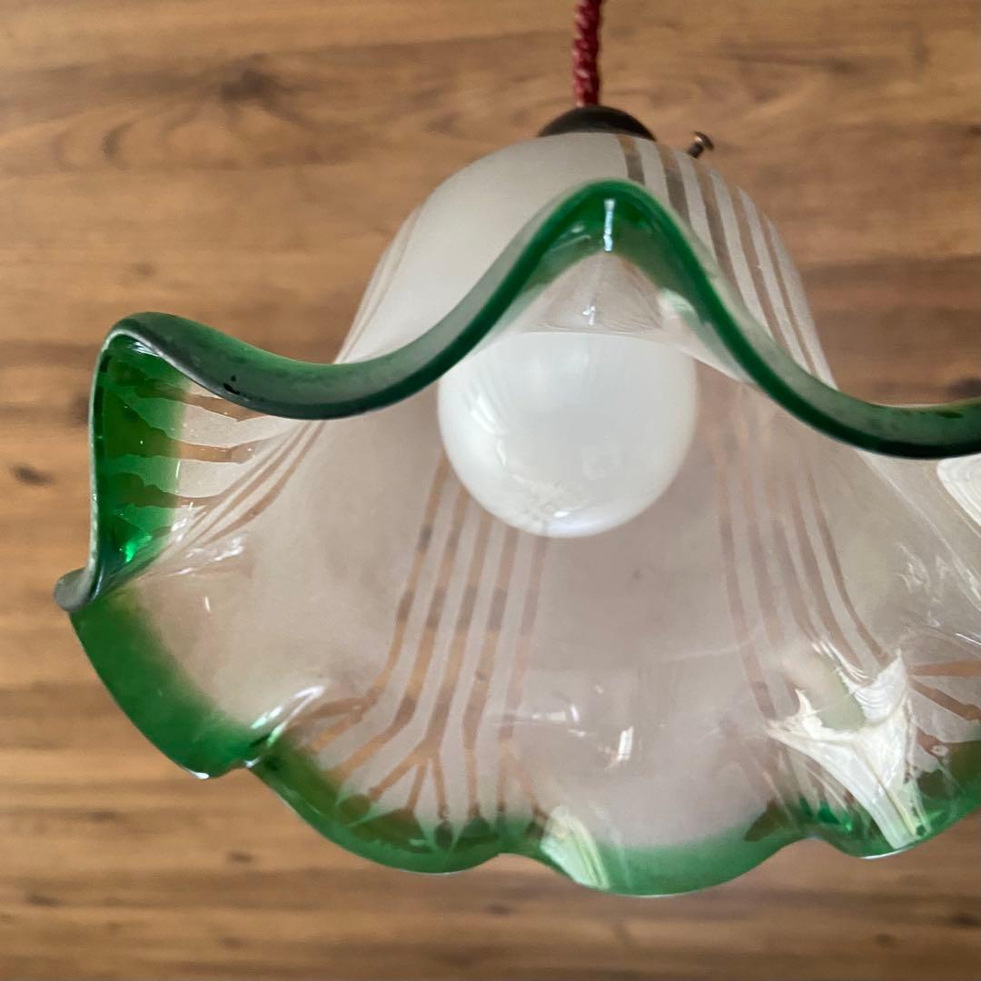 アンティーク　電笠　ガラスシェード　フリル　大正浪漫　照明　レトログリーン