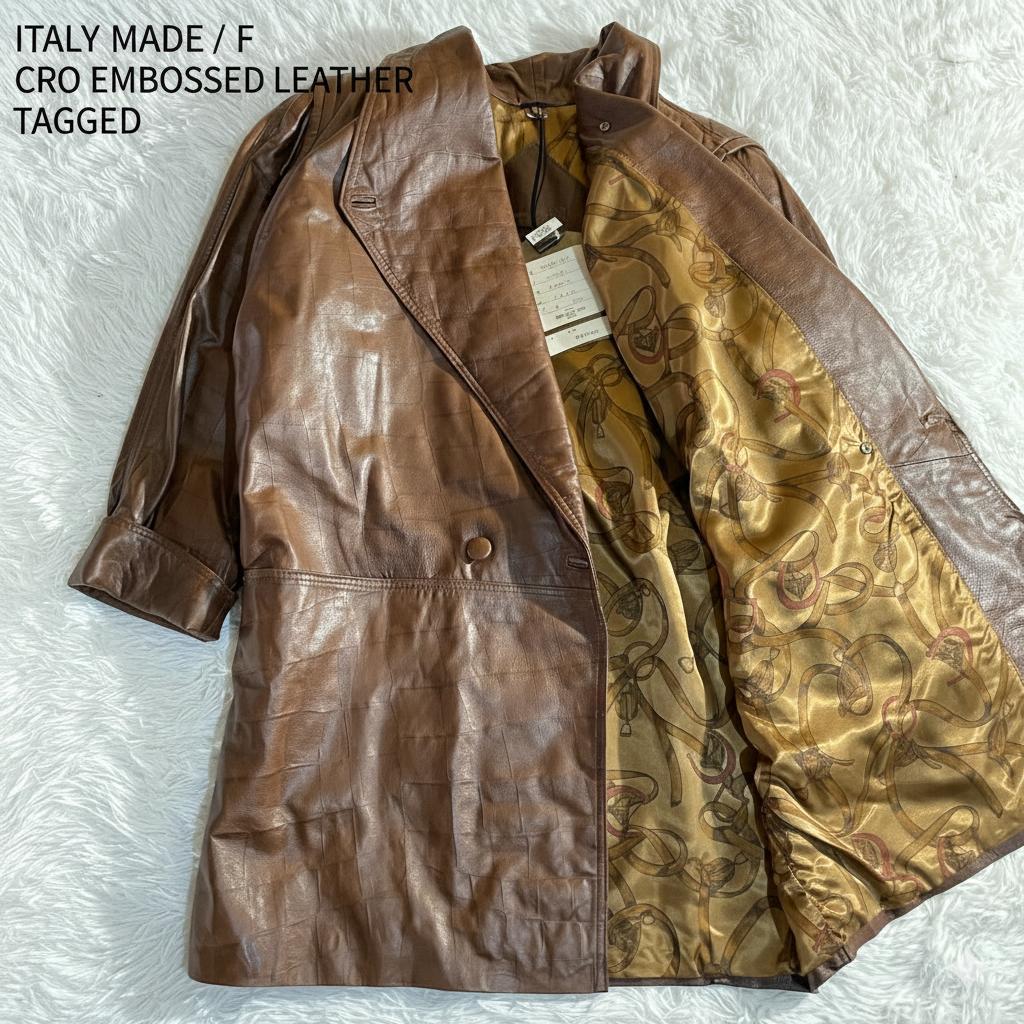 タグ付 80s 伊製 本革 羊 クロコ型押し コート 裏地スカーフ柄 F ダブル