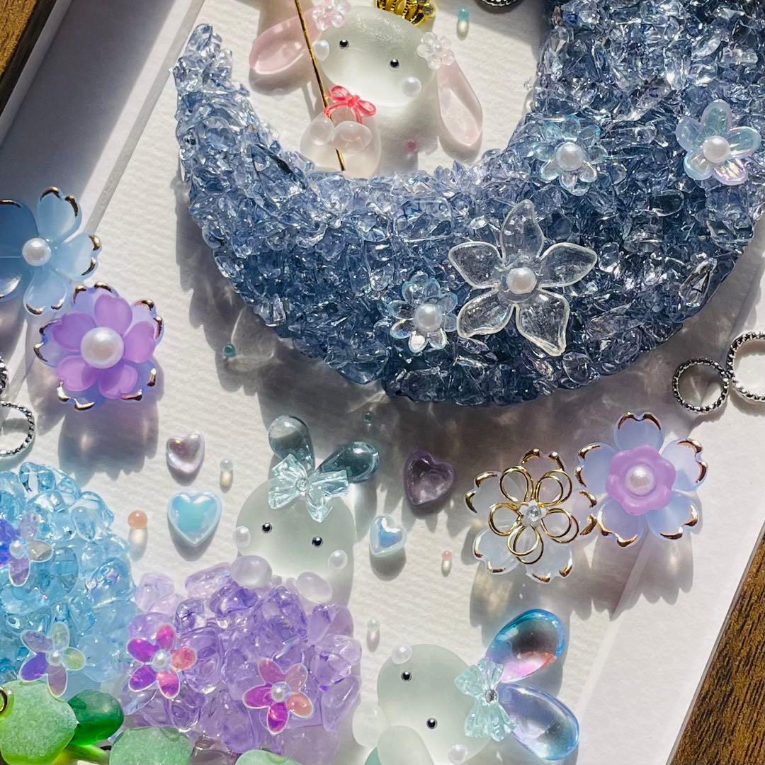 ＊三日月と紫陽花 賑やかな仲間たち＊シーグラスアート 梅雨