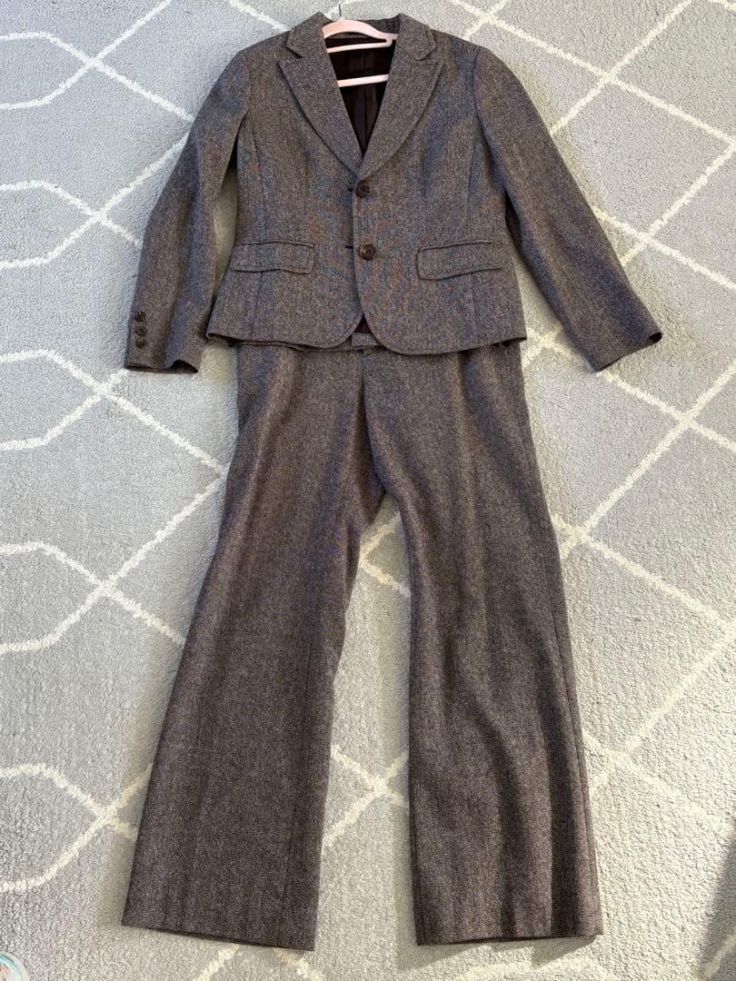 ブラウン系ウール混紡 パンツスーツ 上下セット 美品 L-LL