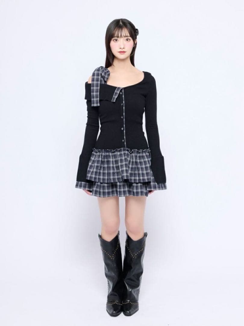 bubbles チェックリボンワンショルワンピース