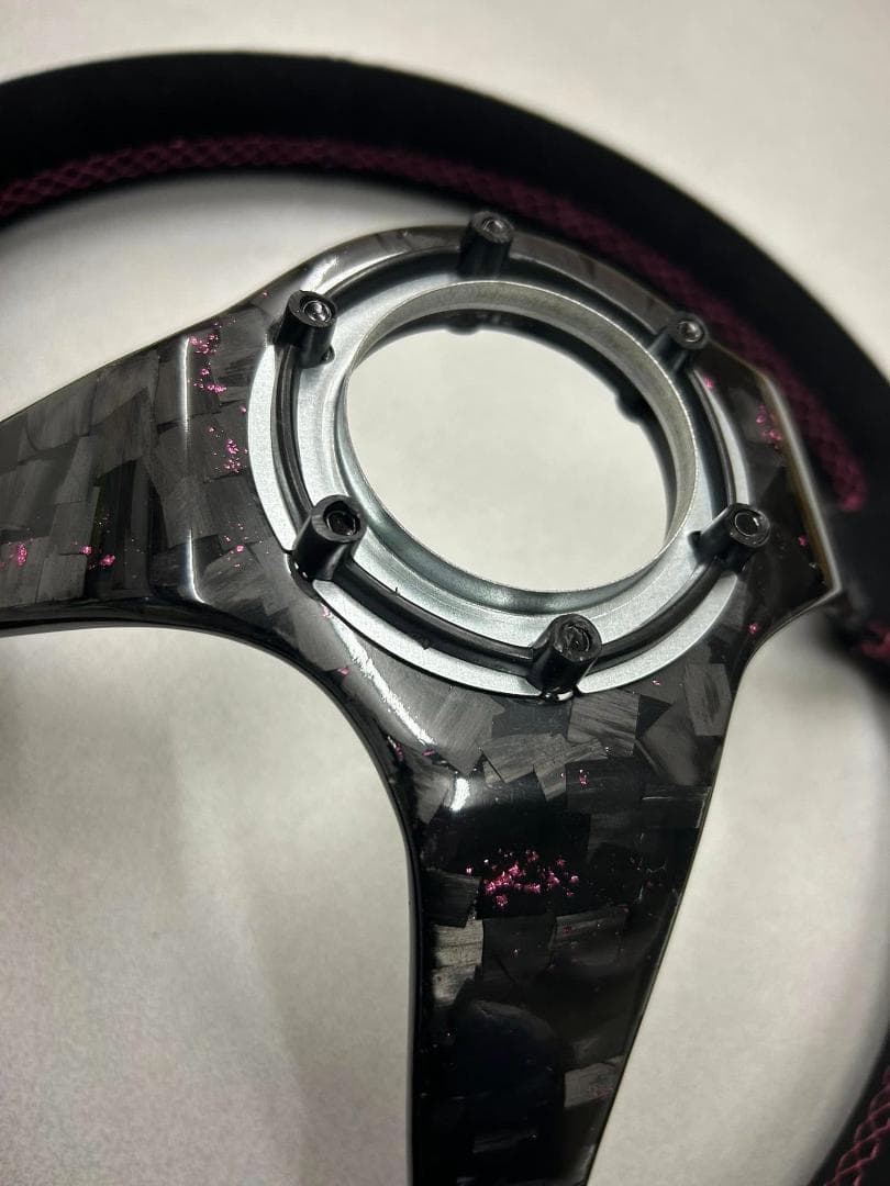 カーボンステアリング 350mm フォージドカーボン×ピンク USDM JDM