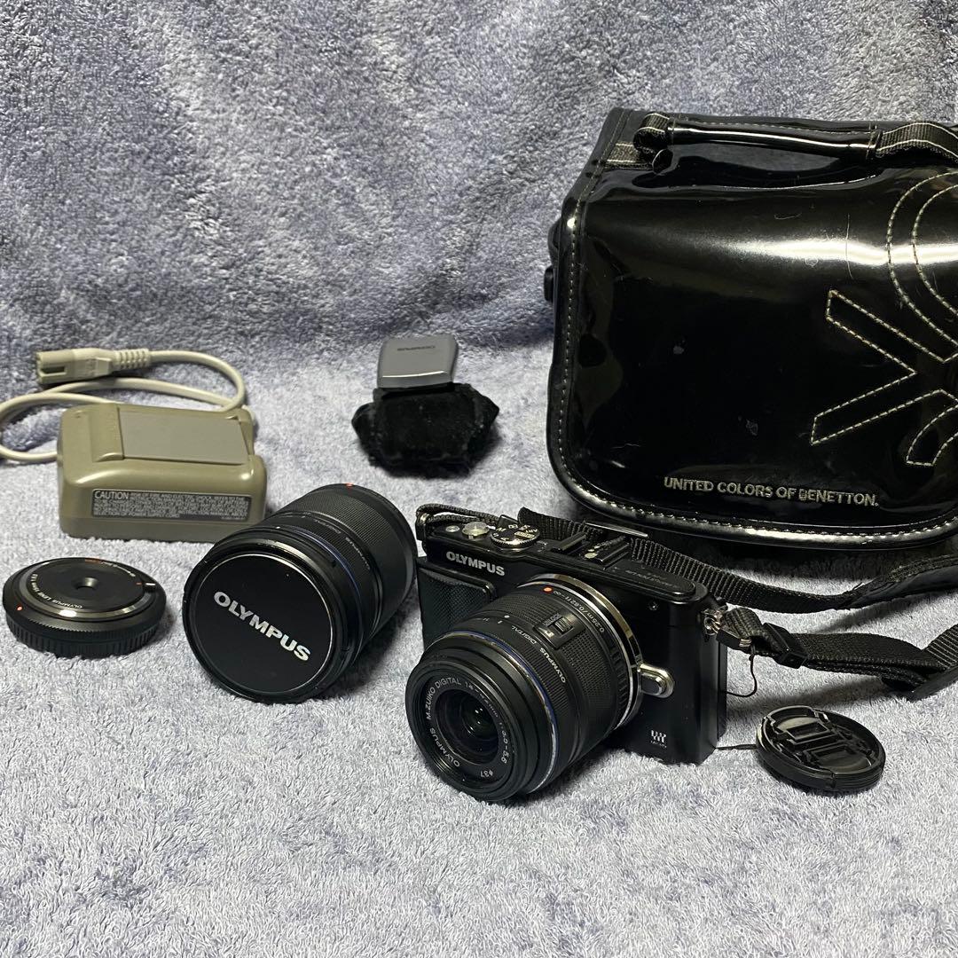 OLYMPUS E-PL5 ミラーレス一眼レンズ3種フラッシュ•バッグ付★訳あり