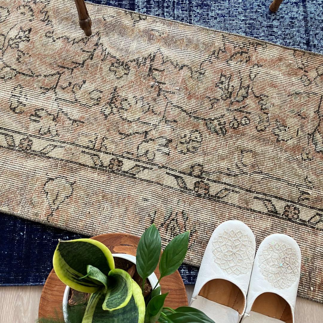 ペールベージュピンク58×189フラワーライン　ランナー　トルコヴィンテージラグ