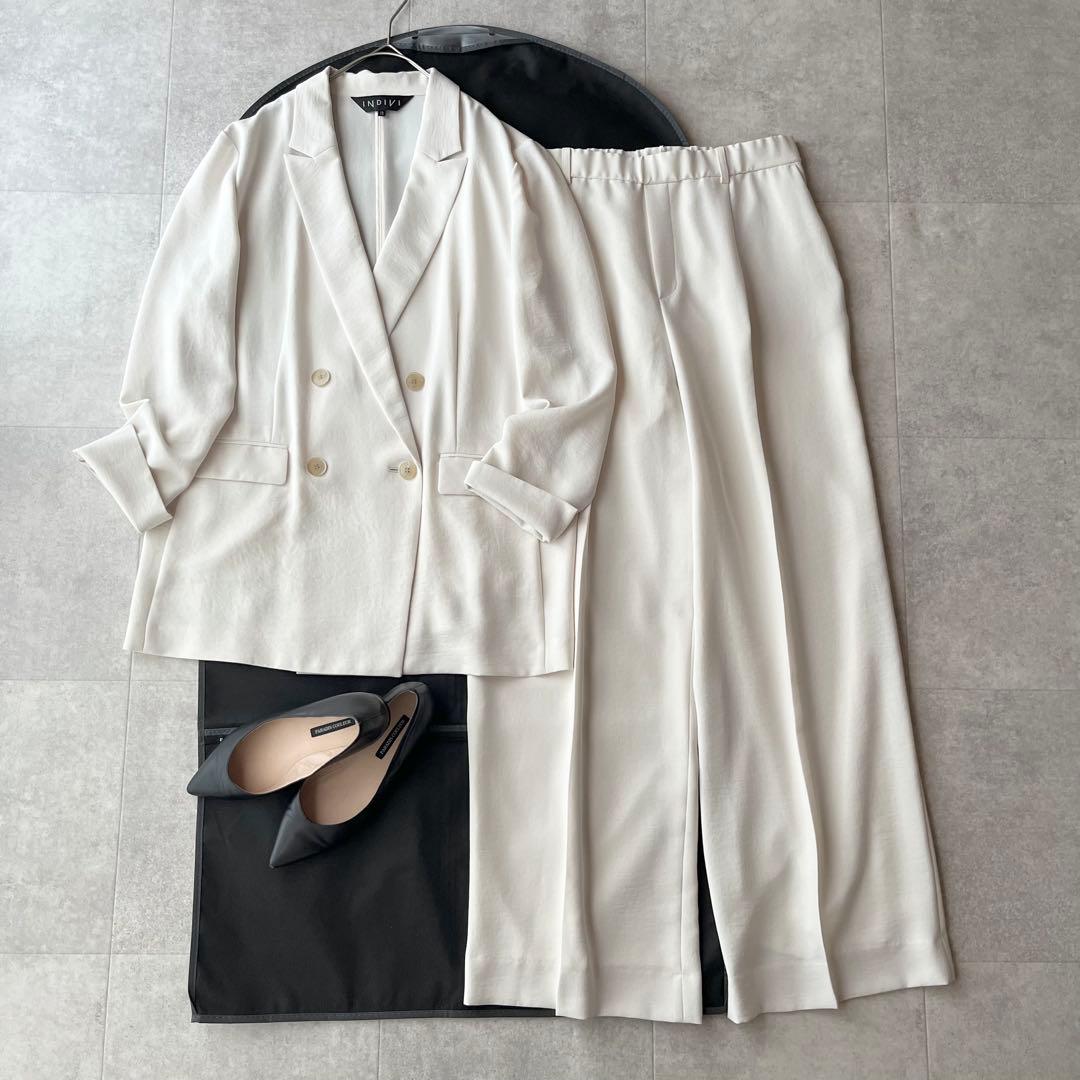 【大きいサイズ】INDIVI ダブルジャケット パンツ スーツ グレージュ