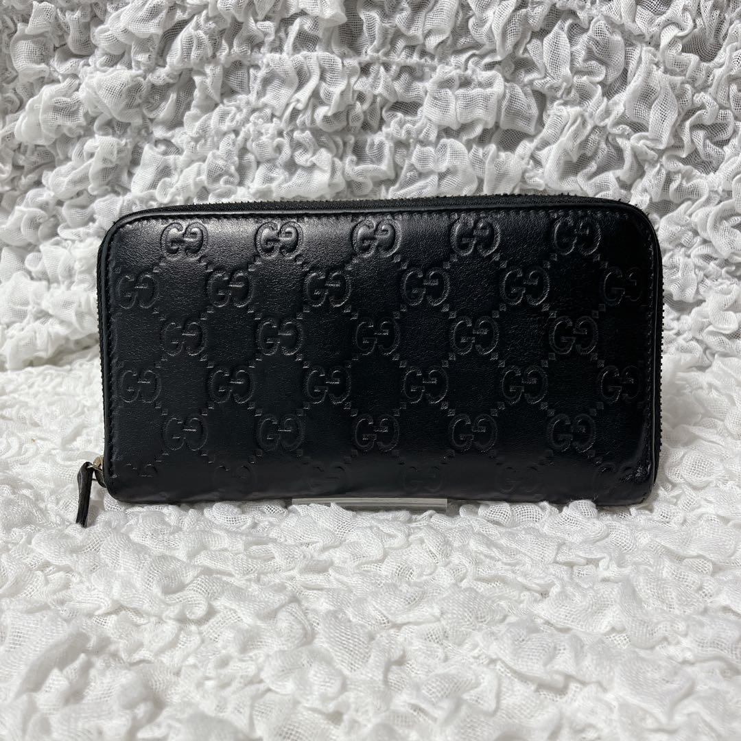 GUCCI GGパターン 長財布　ラウンドファスナー　レザー　黒　本革