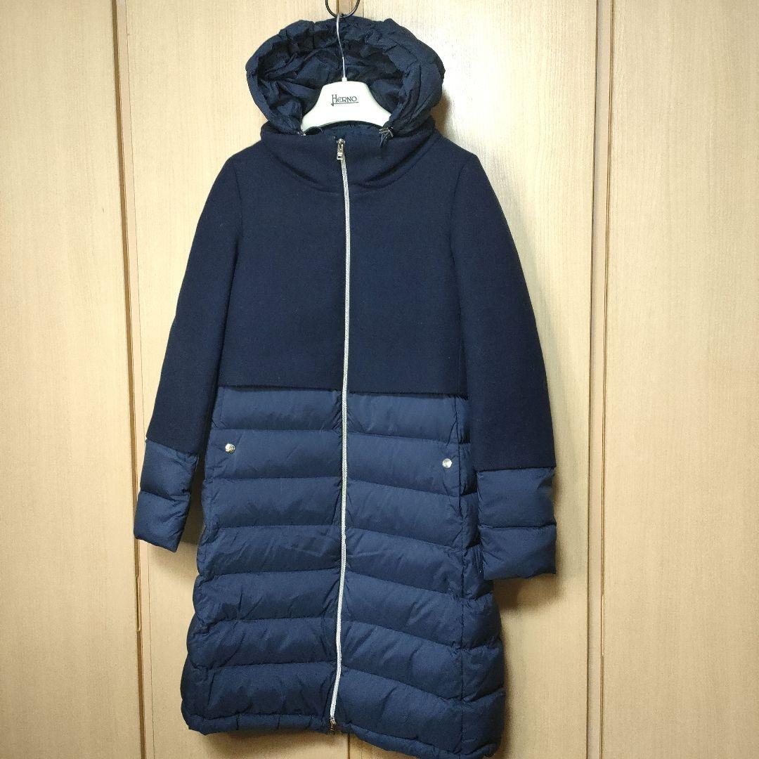 美品✨ヘルノ ダウンコート 異素材切り替え ドッキング ロング丈　ネイビー40