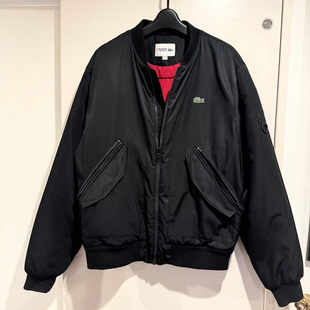 美品‼️LACOSTE MA-1 ブラックジャケット 裏地 赤 ラコステ L高級感
