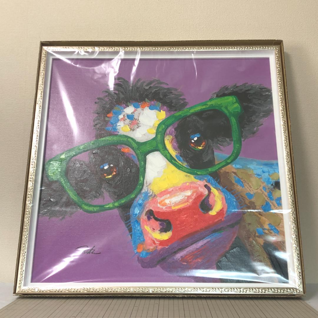 オイル ペイント アート　カウ グラス　新品　アートフレーム　絵画　額装　牛