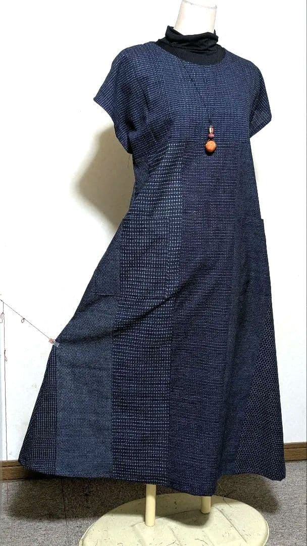 書生絣久留米絣　古布　藍染着物リメイクロングワンピース117