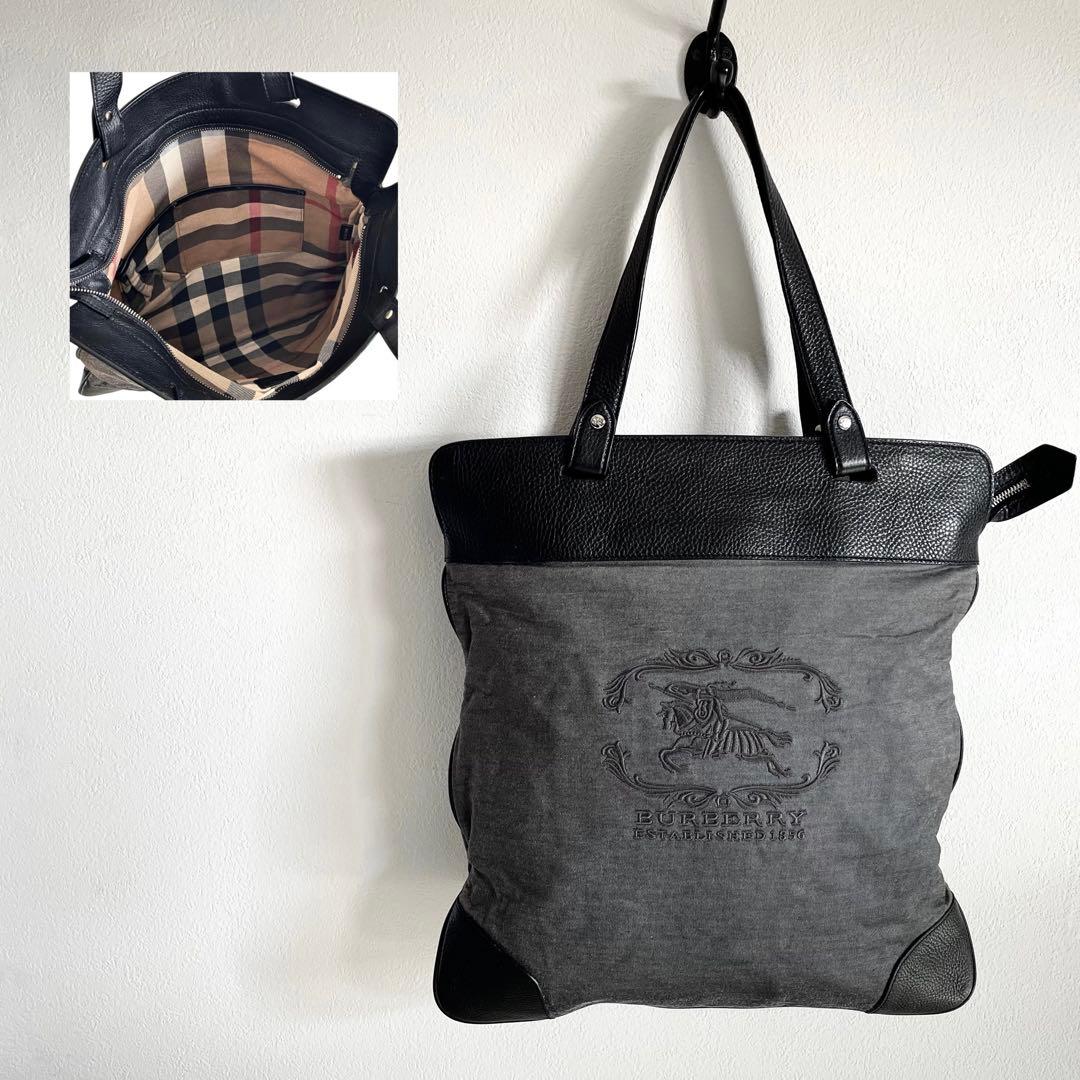 かい様わ専用バーバリー トートバッグ ホースロゴ 刺繍 ノバチェック グレー 黒
