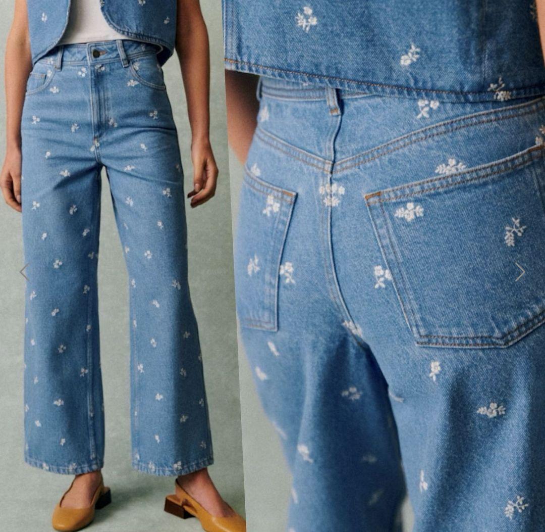 極美品 セザンヌ SÉZANE 花刺繍 ワイドデニム Le Crop 36