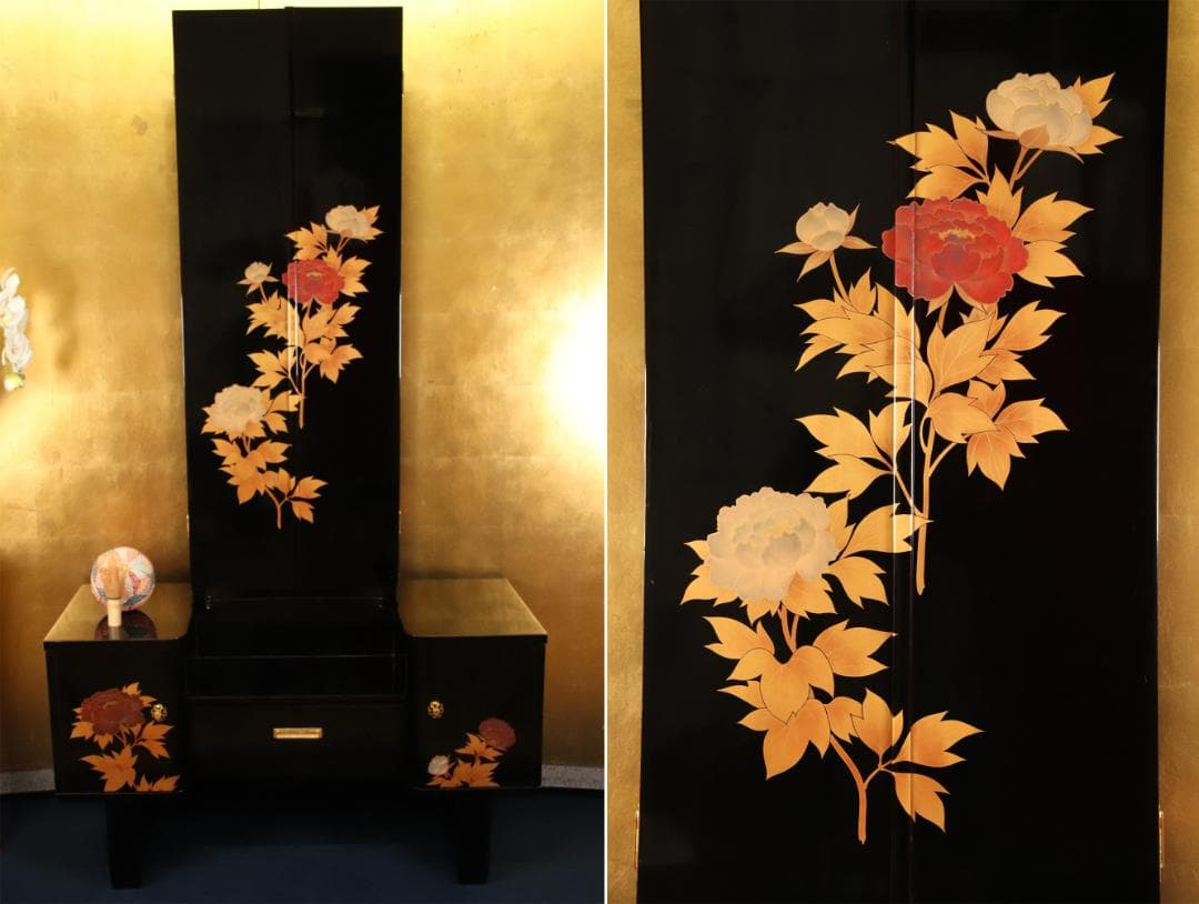 枝垂れ桜、高級輪島塗　黒漆塗り　芍薬蒔絵　台　ドレッサ　三面鏡 BE740