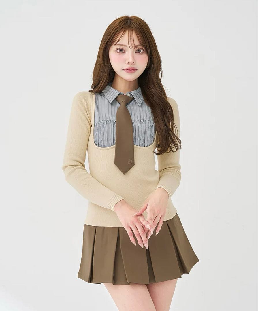 Darich ダーリッチ　ネクタイシャツドッキングニットミニワンピース　ブラウン