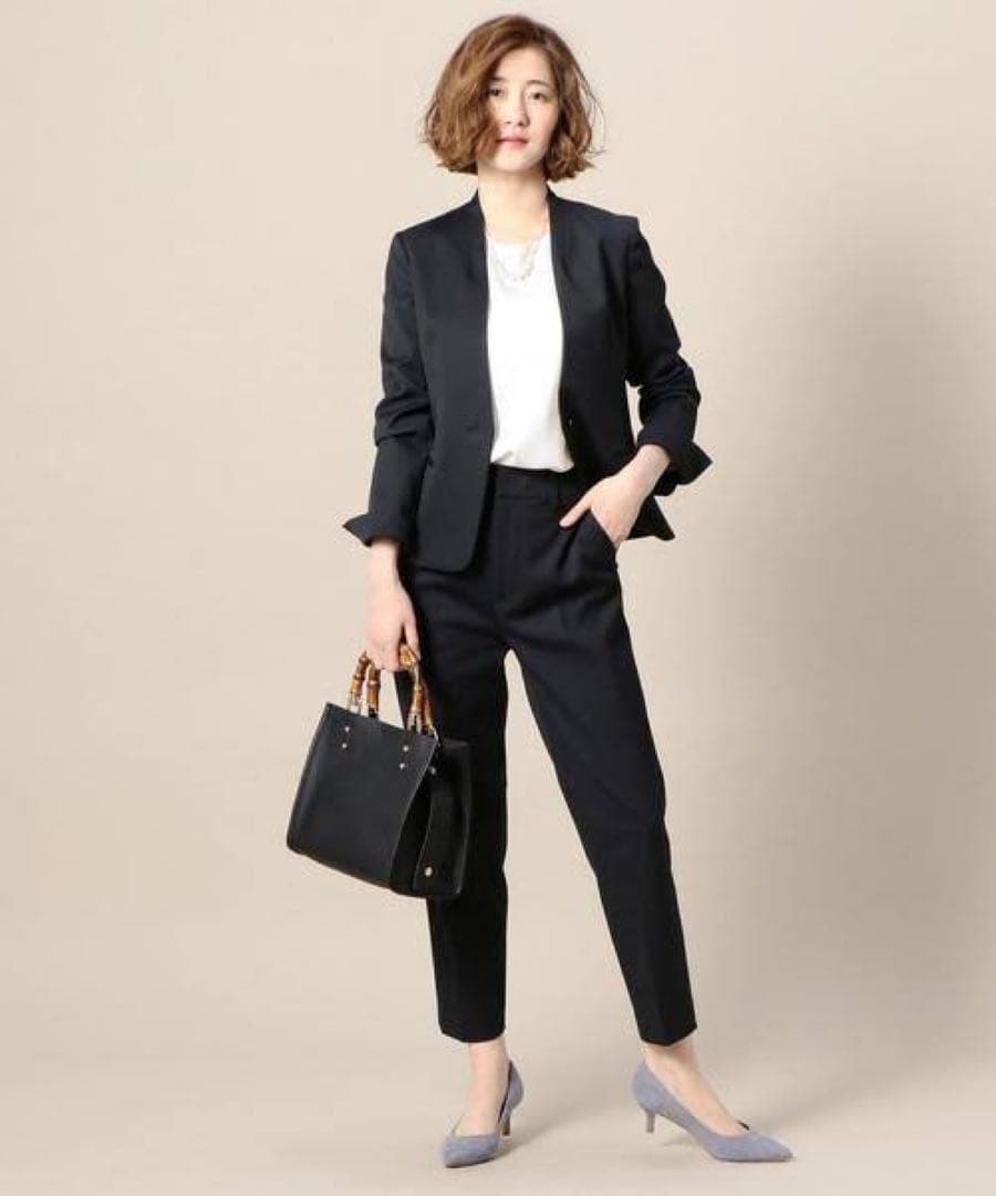 美品　ビューティ＆ユース　ピケカラーレスジャケット　トラウザーパンツ　スーツ　M