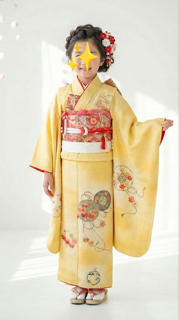 7歳　正絹黄刺繍　七五三　お着物・作り帯・筥迫セット