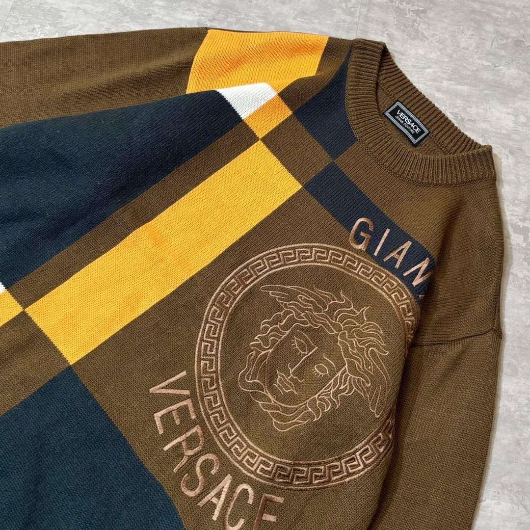 90s VERSACE メデューサ ロゴ バイカラー ニット ヴェルサーチ