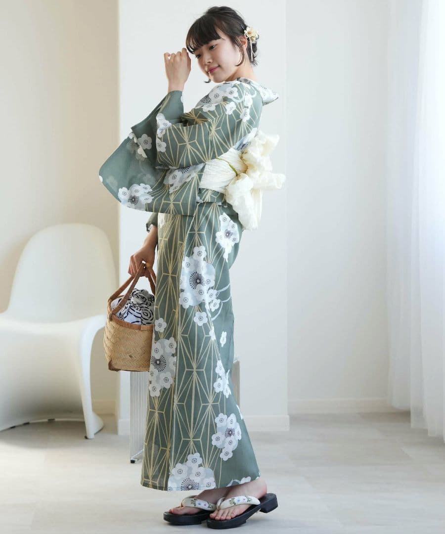 新品　ひよこ商店 高級変わり織 浴衣　セット　翡翠色に麻の葉と重なる梅