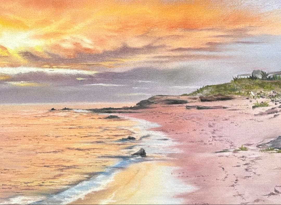 夕陽に輝く海 パステル画 原画