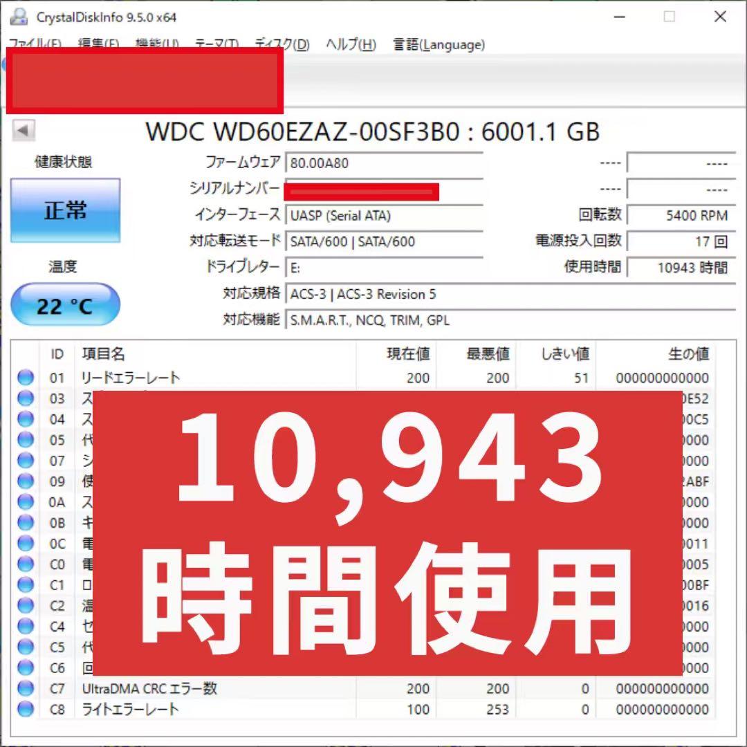 WD60EZAZ WD Blue 6TB HDD 10,943時間使用