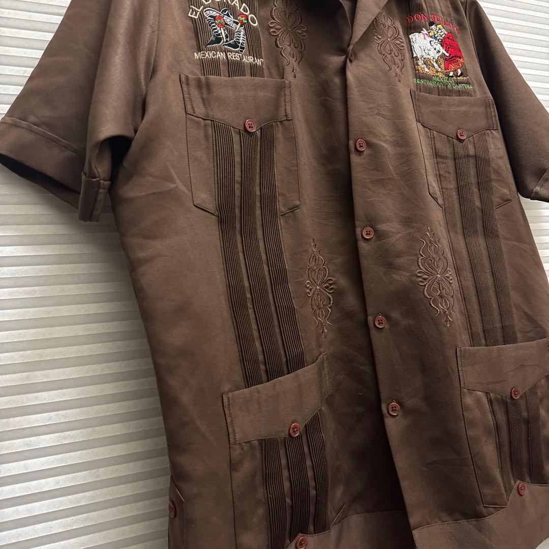 80s 90s 刺繍入り キューバシャツ ブラウン サテン