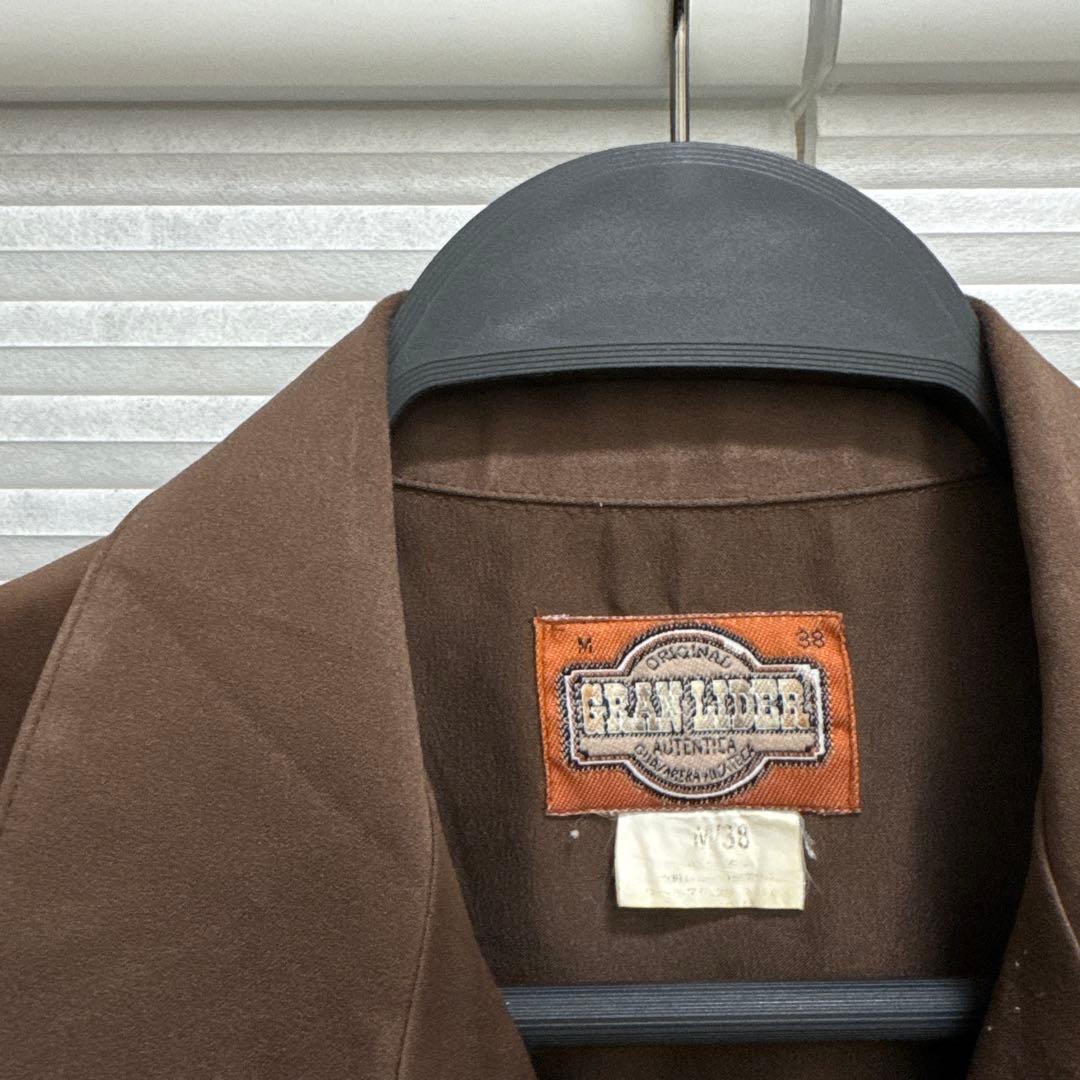 80s 90s 刺繍入り キューバシャツ ブラウン サテン