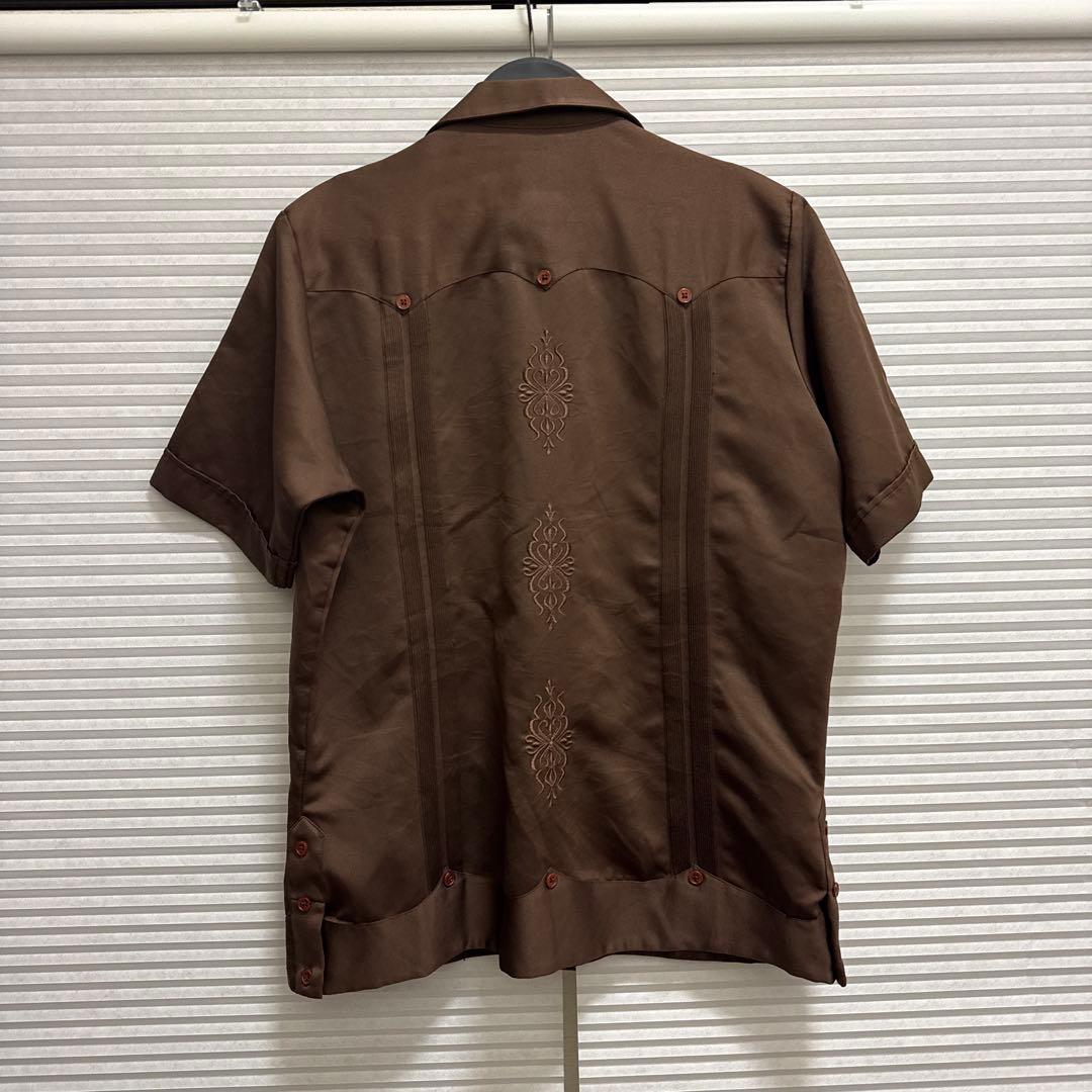 80s 90s 刺繍入り キューバシャツ ブラウン サテン