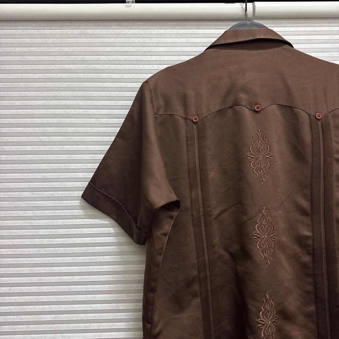 80s 90s 刺繍入り キューバシャツ ブラウン サテン