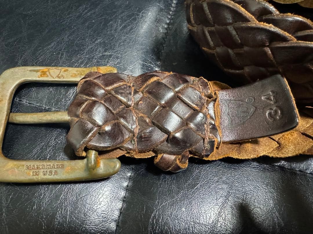 HTC ダークブラウン 編み込みレザー ベルト 34