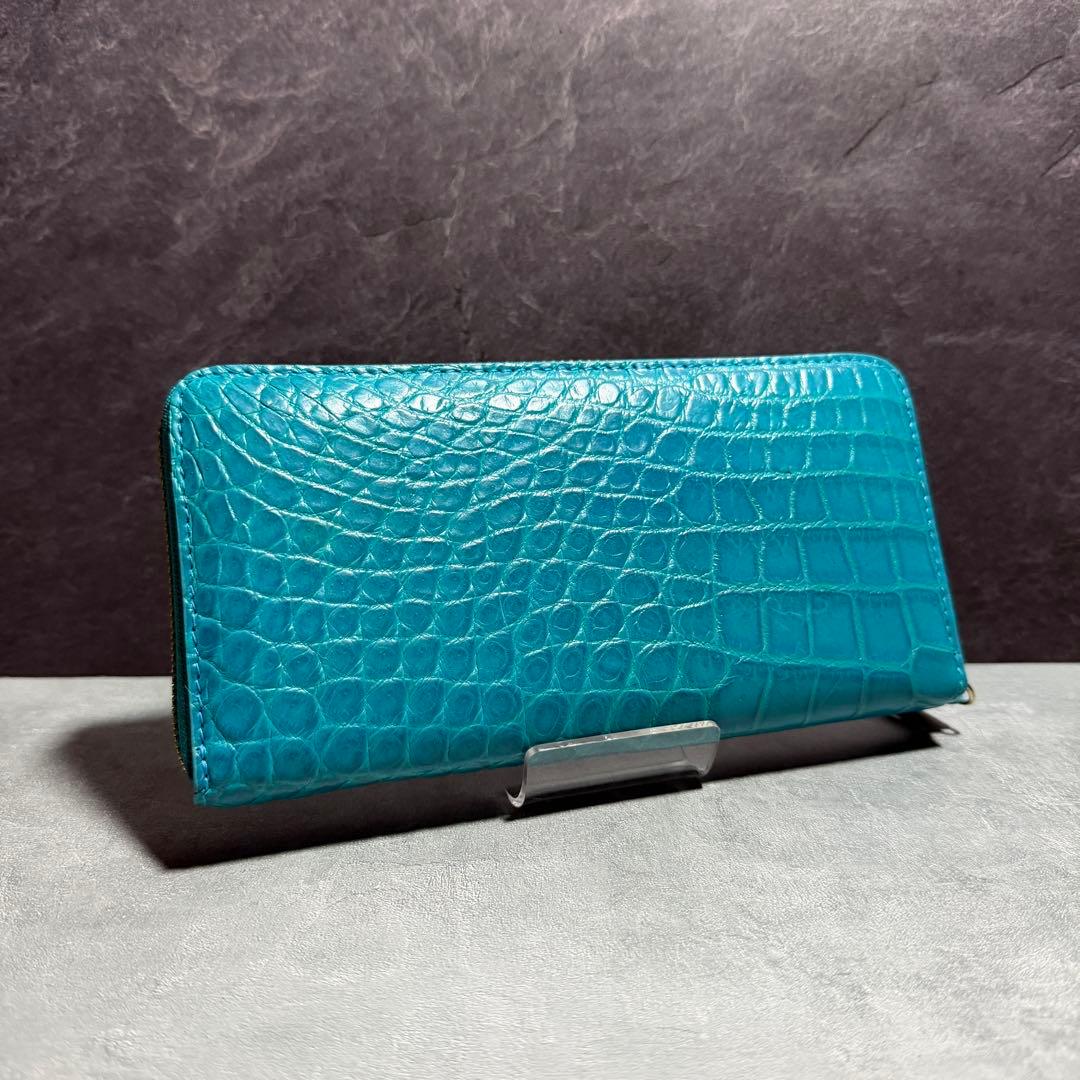 新品 クロコダイル 長財布 ターコイズブルー マット仕上げ ゴールドファスナー