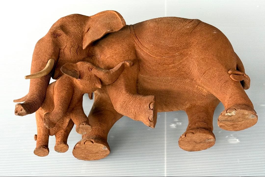 珍しい 希少！50cm リアル 一刀彫り 親子 ゾウ 彫刻 アンティーク 象