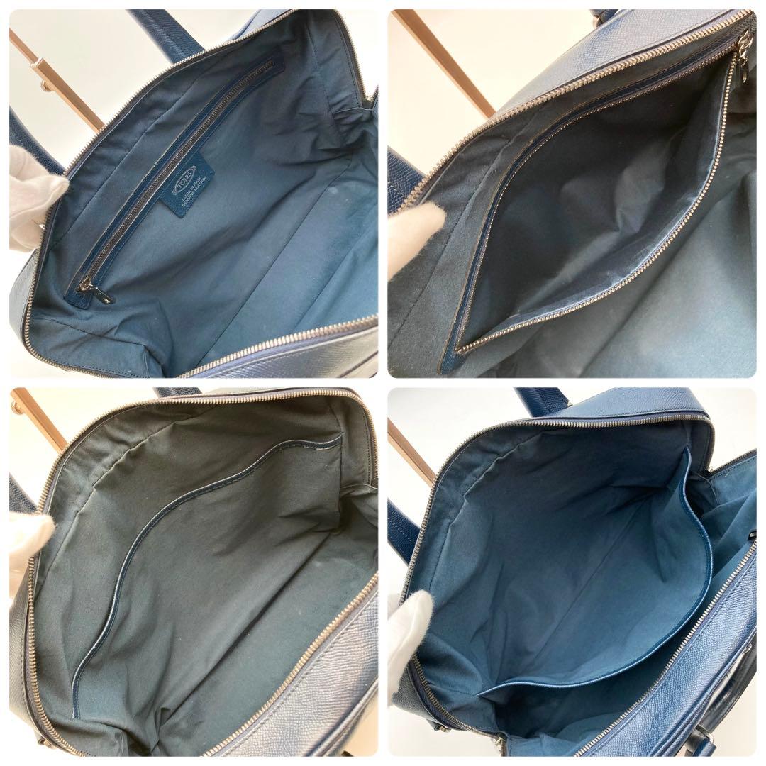 極美品✨TOD'S ビジネスバッグ レザー 紺色 A4 サイドロゴ スリム 仕事